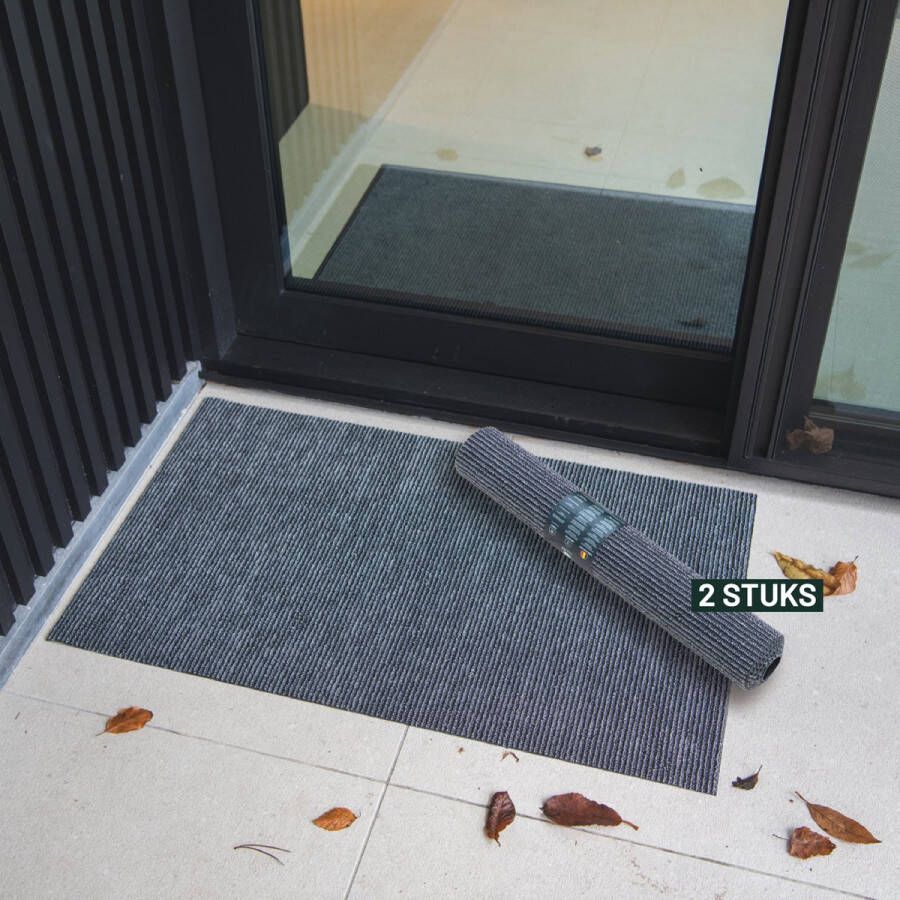 Studio M Antislip Deurmat Buiten OUTDOOR Buitenmat 50x80cm Fijne Strepen Grijs VOORDEELPAK 2 stuks