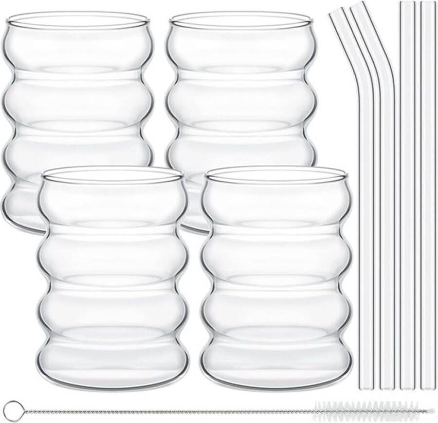 Stuyver Bubbel glazen 470ML Set van 4 Stuks Inclusief glazen rietjes Geribbelde glazen Drinkglazen Bubble glas Longdrink glazen Waterglazen Aesthetic Esthetische Cocktailglazen