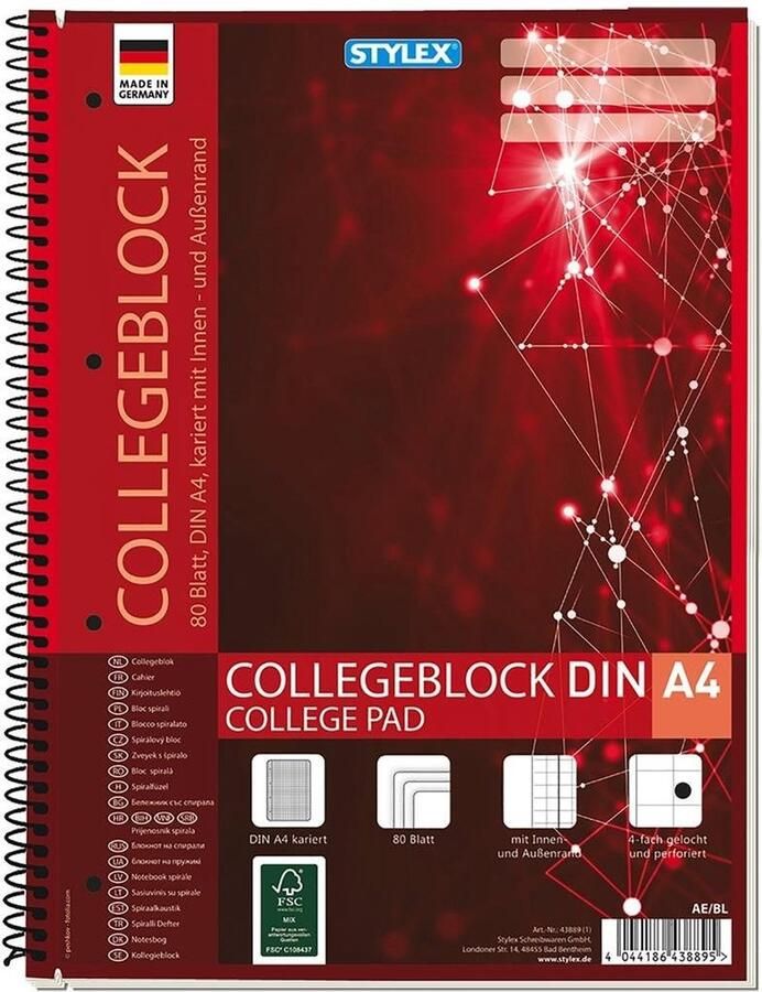Stylex DIN A4 Collegeblok met Ruitpatroon 80 Bladzijden