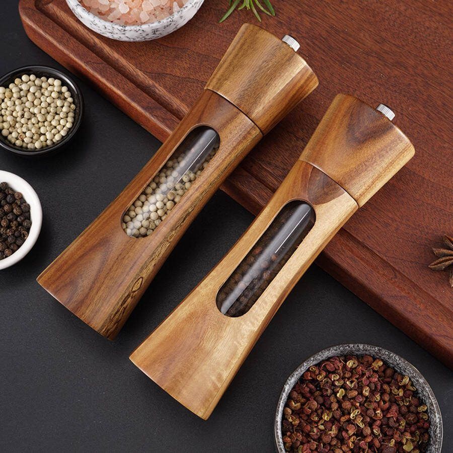 Stylia Peper en Zoutmolen set 20CM Pepermolen Zoutmolen 2 stuks Acacia hout Acryl hout Luxe kwaliteit Hervulbaar Barbecue BBQ accesoires Inclusief basislepel en borstel
