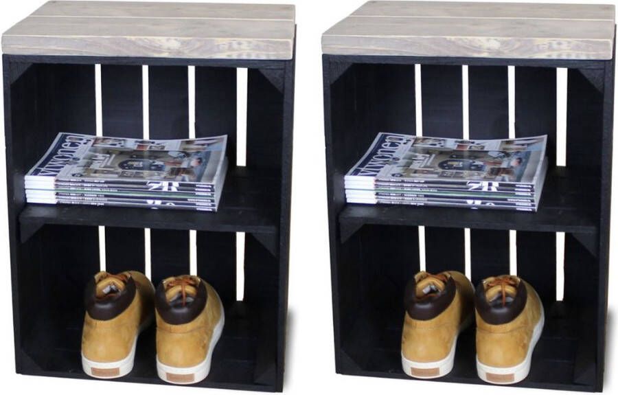 Stylingathome Nachtkastjes set van 2 – Zwart – Incl. Vloerbescherming – Steigerhout blad 40x30x53cm
