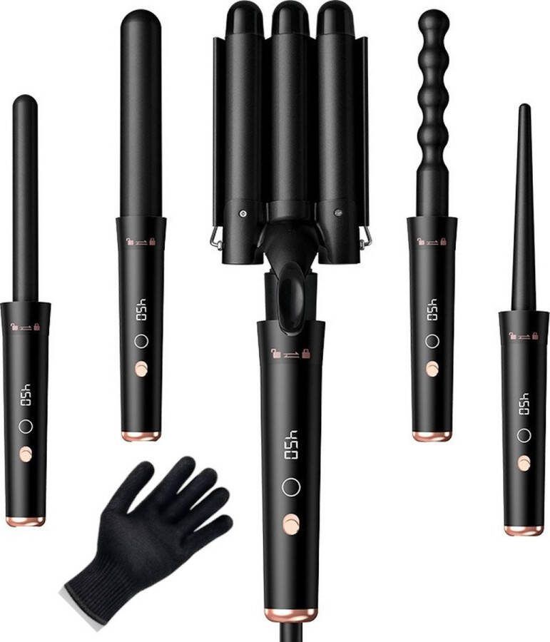 StylixPro Wafeltang – 5-in-1 Krultang Set – Golvenkrultang – Keramische Krultang voor Perfecte Krullen & Beach Waves – Inclusief Beschermingshandschoen – Zwart