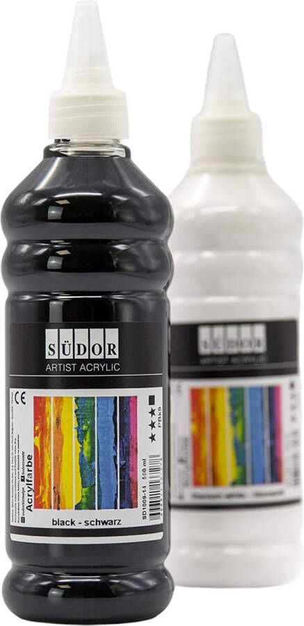 Südor Acrylverf set 500 + 500 ml totaal 1000 ml Hoog gepigmenteerde en dekkende acrylverf industriële Kunstenaarsverven acrylverfset voor Schilden en Knutselen art. Waterdicht (zwart wit)