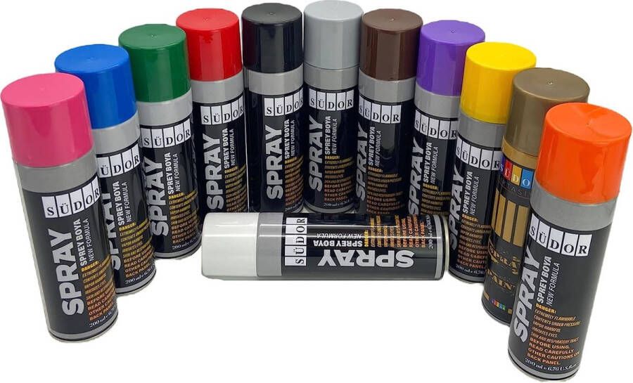 Südor Spuitverf set 12 kleuren 12x200 ml Sneldrogende graffiti verf spuitbus verf voor hout steen muur metaal glas. Zwart Wit Blauw Groen Rood Geel Paars Oranje Roze Bruin Grijs Goud