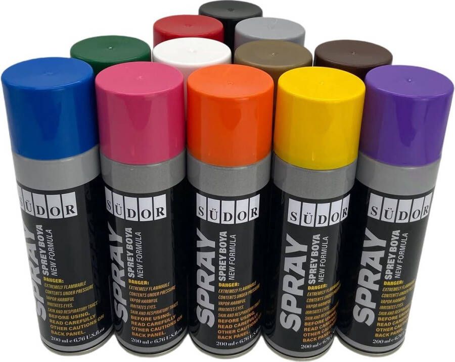 Südor Spuitverf set 13 kleuren 13x200 ml Sneldrogende graffiti verf spuitbus verf voor hout steen muur metaal Zwart Wit Blauw Groen Rood Geel Paars Oranje Bruin Grijs Goud Roze Koper