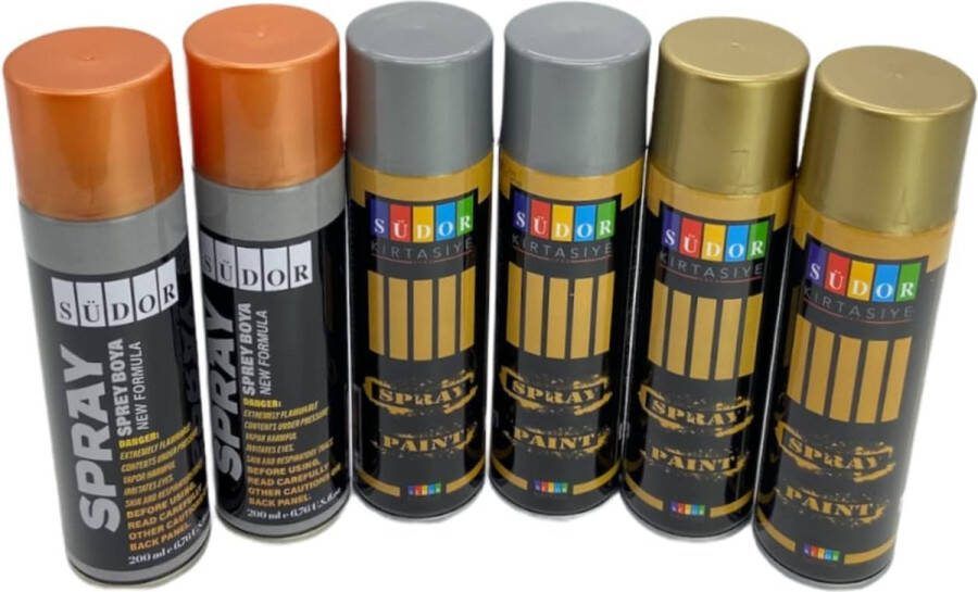 Südor Spuitverf set 6 kleuren 6x200 ml Sneldrogende graffiti verf spuitbus verf voor hout steen muur metaal glas. Goud Zilver Koper