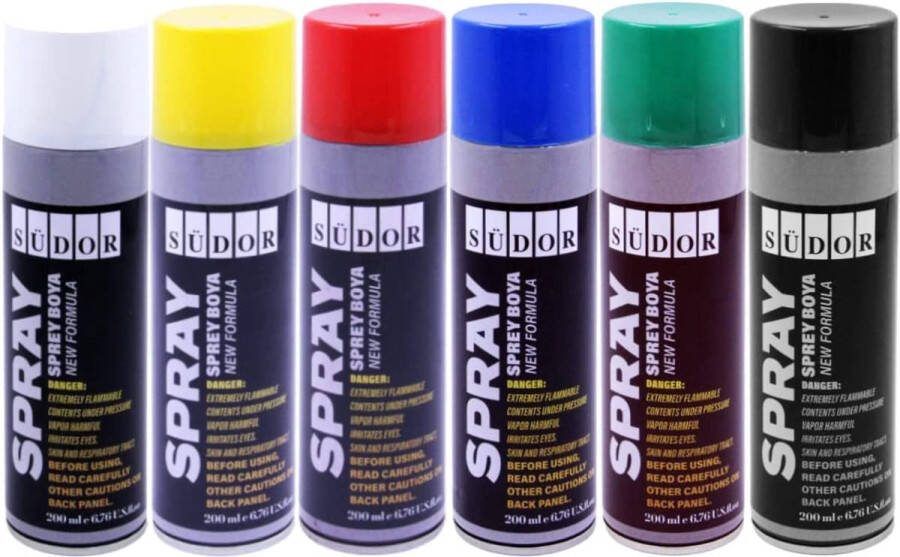 Südor Spuitverf set 6 kleuren 6x200 ml Sneldrogende graffitiverf Spuitlak Spuitbus Primaire kleuren Zwart Wit Blauw Groen Rood Geel Spuitverven voor hout steen muur metaal glas gips keramiek
