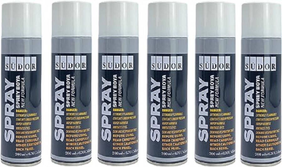 Südor Spuitverf set 6 x 200 ml Wit Spuitbus Sneldrogende graffitiverf voor hout steen muur metaal glas gips keramiek