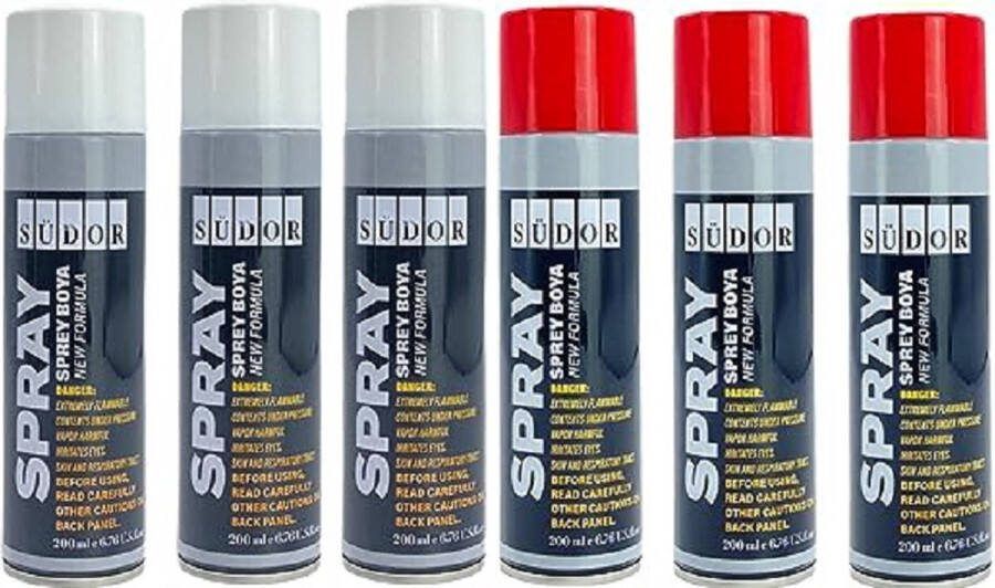 Südor Spuitverf Set 6x200 ml Sneldrogende graffitiverf Spuitlak Spuitbus 3 witte + 3 rode spuitverven voor hout steen muur metaal glas gips keramiek