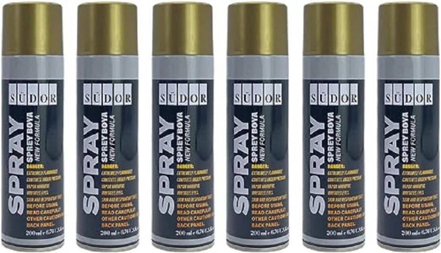 Südor Spuitverf Set 6x200 ml Sneldrogende graffitiverf Spuitlak Spuitbus gouden sprey voor hout steen muur metaal glas gips keramiek