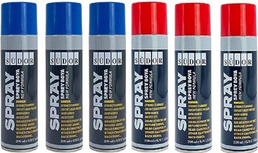 Südor Spuitverf Set 6x200 ml Sneldrogende graffitiverf Spuitlak Spuitbus Rood en Blauw spuitverven voor hout steen muur metaal glas gips keramiek