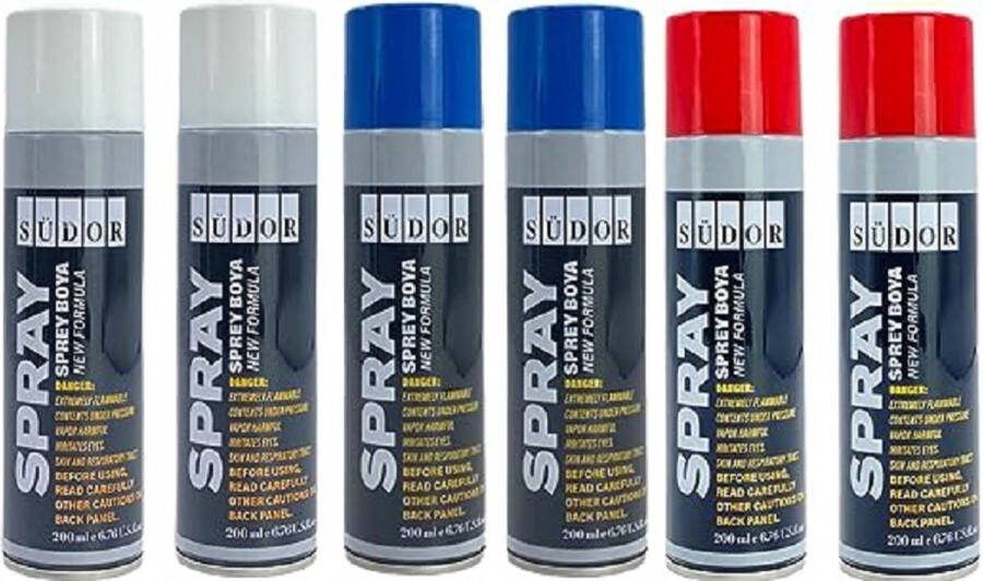 Südor Spuitverf Set 6x200 ml Sneldrogende graffitiverf Spuitlak Spuitbus spuitverven Wit + Blauw + Rood