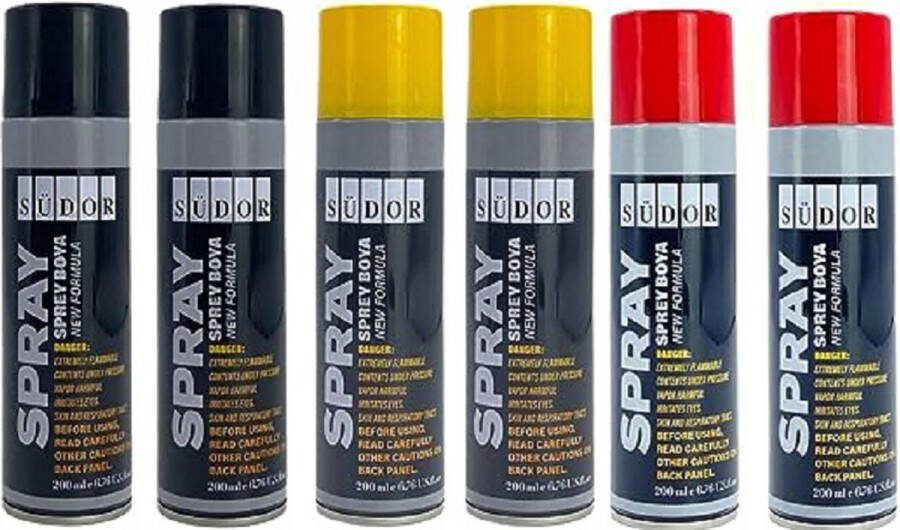 Südor Spuitverf Set 6x200 ml Sneldrogende graffitiverf Spuitlak Spuitbus Zwart + Rood + Geel spuitverven voor hout steen muur metaal glas gips keramiek