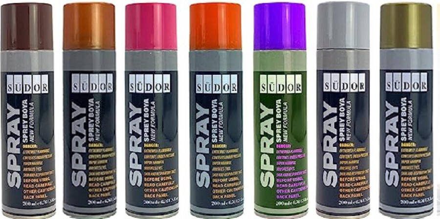 Südor Spuitverf set 7 kleuren 7x200 ml Sneldrogende graffitiverf Spuitlak Spuitbus Middentonen Paars Oranje Roze Bruin Grijs Goud Koper voor hout steen muur metaal glas gips keramiek
