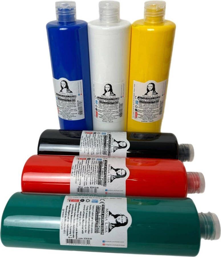 Südor Textielverf set 6 x 500 ml. Wasbestendige textielverf voor lichte stoffen. Wasmachinebestendig wasbestendig. Fixatie door strijken (6-kleurenset)