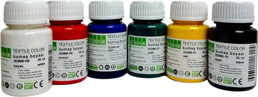 Südor Textielverfset 6x25 ml (150 ml) 6 hoofdkleuren textielverf