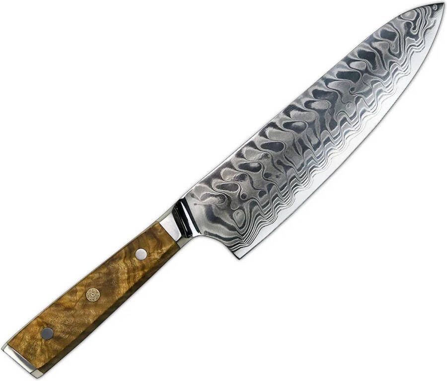Sukara Japans Koksmes Damascus Chef Mes Olijfhout Handvat Orifu Editie 20 CM