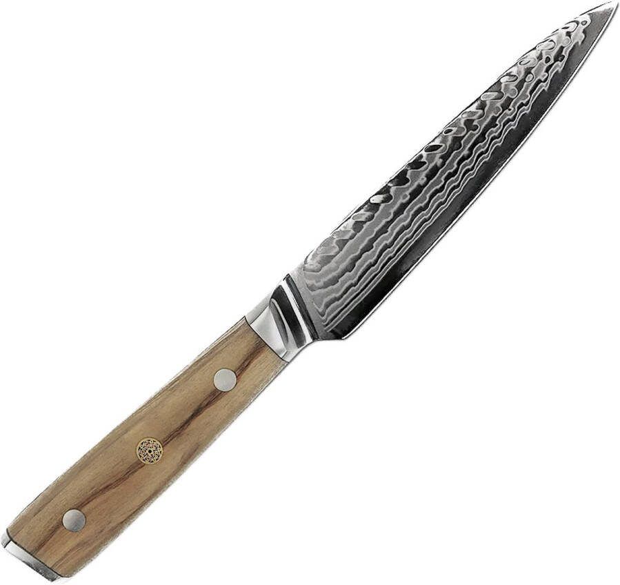 Sukara Japans Koksmes Damascus Utility Mes Olijfhout Handvat Orifu Editie Alligator Patroon 13 CM
