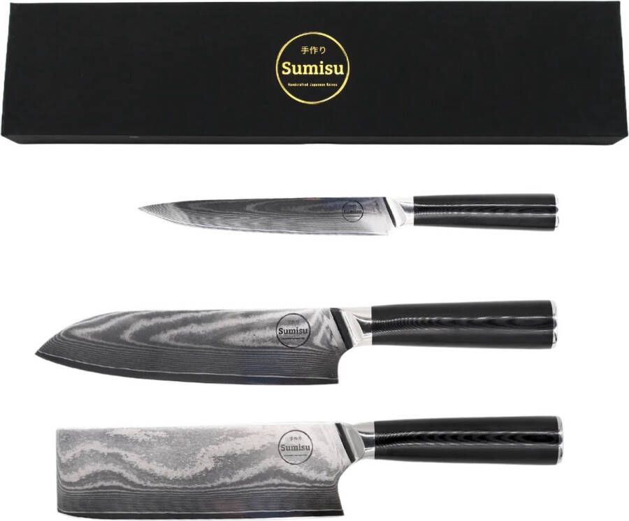 Sumisu Knives Sumisu Japanse messenset black 3 delige professionele set Kiritsuke chefmes Nakiri hakmes en Sujikihi fileermes 100% damascusstaal (67 lagen) Inclusief luxe geschenkdoos