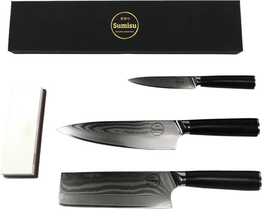 Sumisu Knives Sumisu Japanse messenset 3-delig black incl. slijpsteen -Black collection -100% damascus staal Geleverd in luxe geschenkdoos Cadeau barbecue accessoires