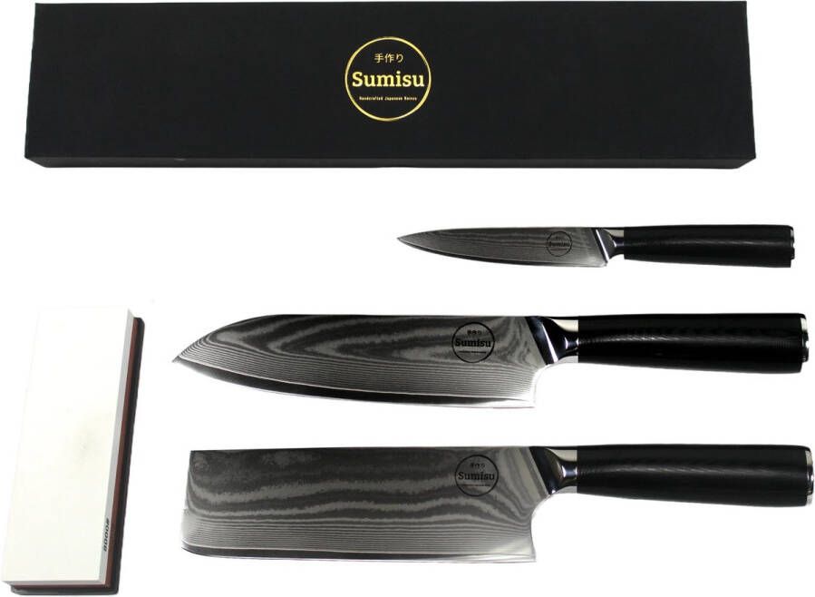 Sumisu Knives Sumisu messenset 3-delig black incl. slijpsteen -Black collection -100% damascus staal Geleverd in luxe geschenkdoos Cadeau barbecue accessoires