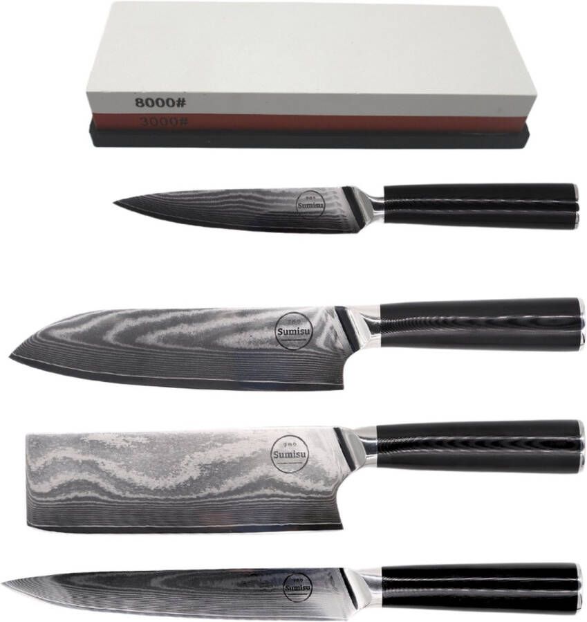 Sumisu Knives Japanse messenset 4-delig incl. slijpsteen Black collection 100% damascus staal Hobbykok messenset Geleverd in luxe geschenkdoos BBQ messen