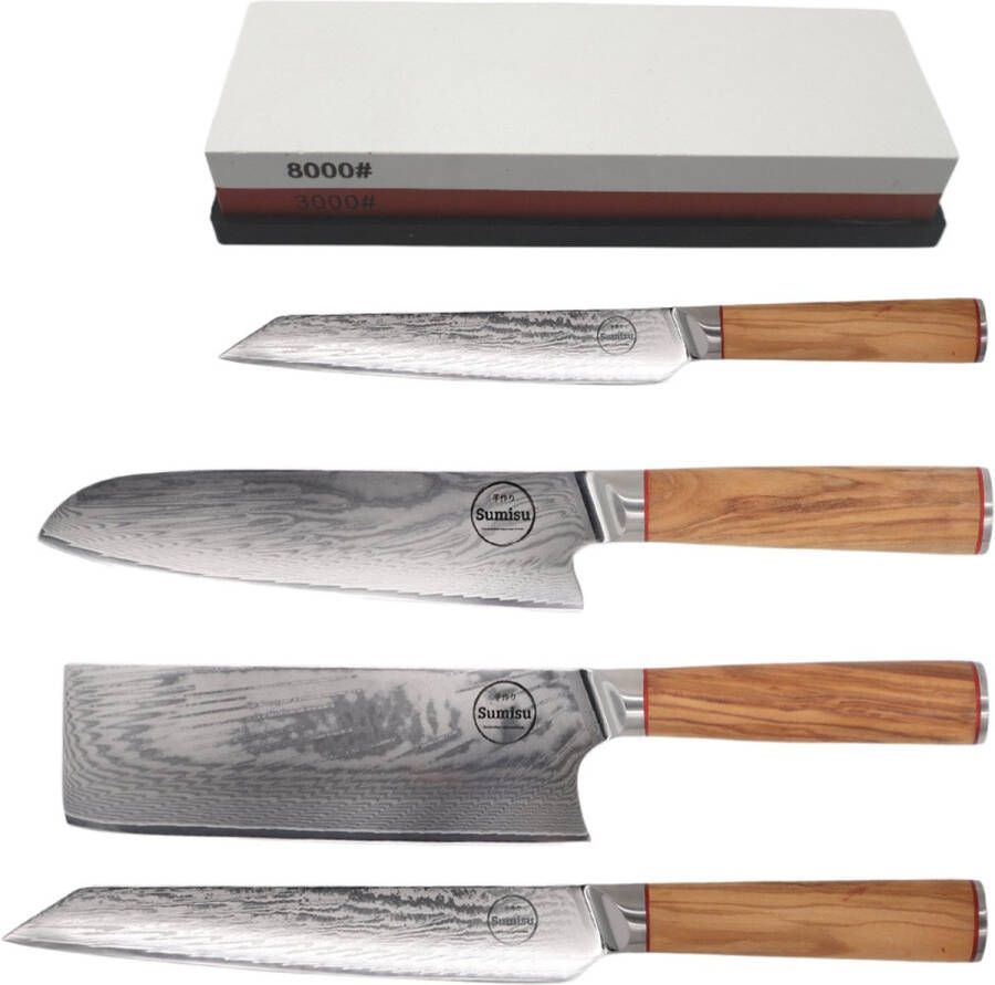 Sumisu Knives Japanse messenset 4-delig incl. slijpsteen Wood collection 100% damascus staal Hobbykok messenset Geleverd in luxe geschenkdoos BBQ messen