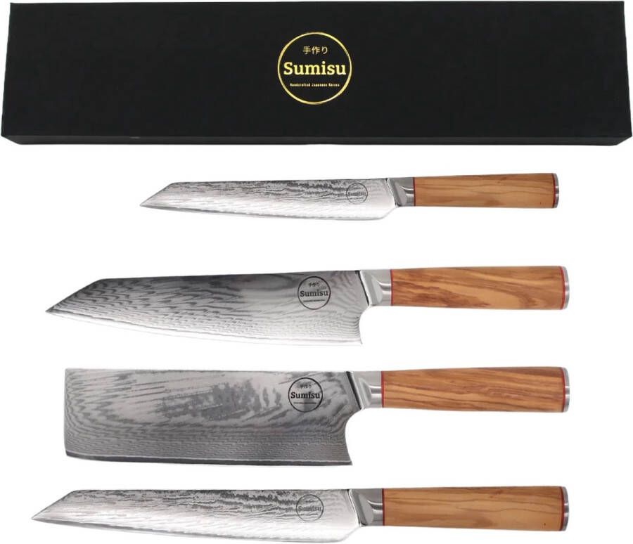 Sumisu Knives Japanse messenset 4-delig Wood collection 100% damascus staal Chefkok messenset Geleverd in luxe geschenkdoos BBQ messen