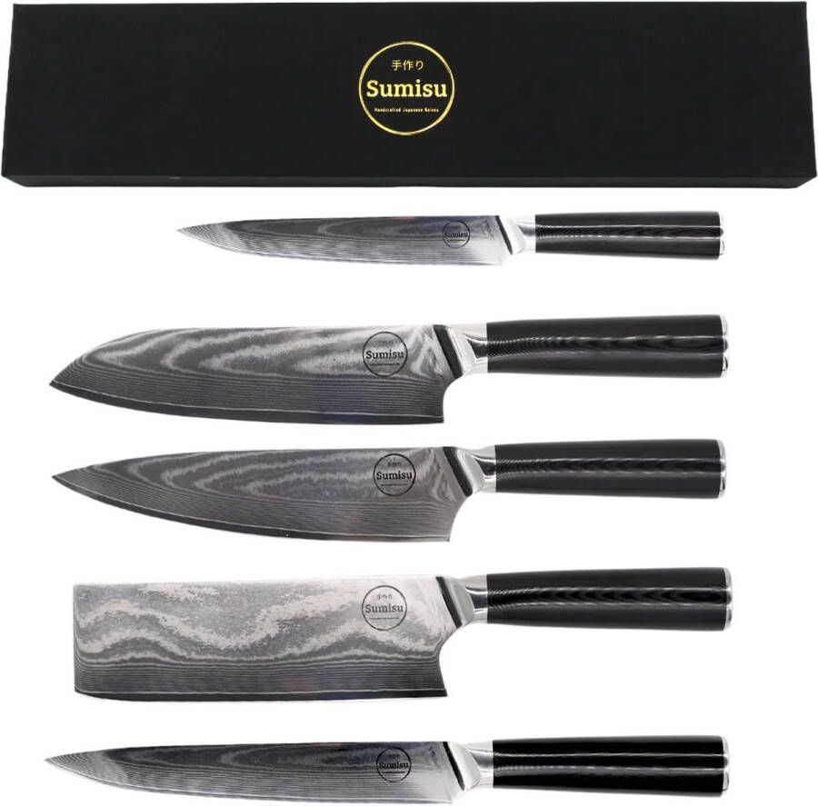 Sumisu Knives Japanse messenset 5-delig Black collection 100% damascus staal Complete messenset Geleverd in luxe geschenkdoos BBQ messen