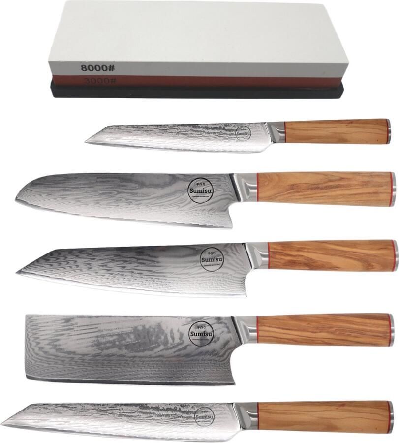 Sumisu Knives Japanse messenset 5-delig incl. slijpsteen Wood collection 100% damascus staal Complete messenset Geleverd in luxe geschenkdoos BBQ messen
