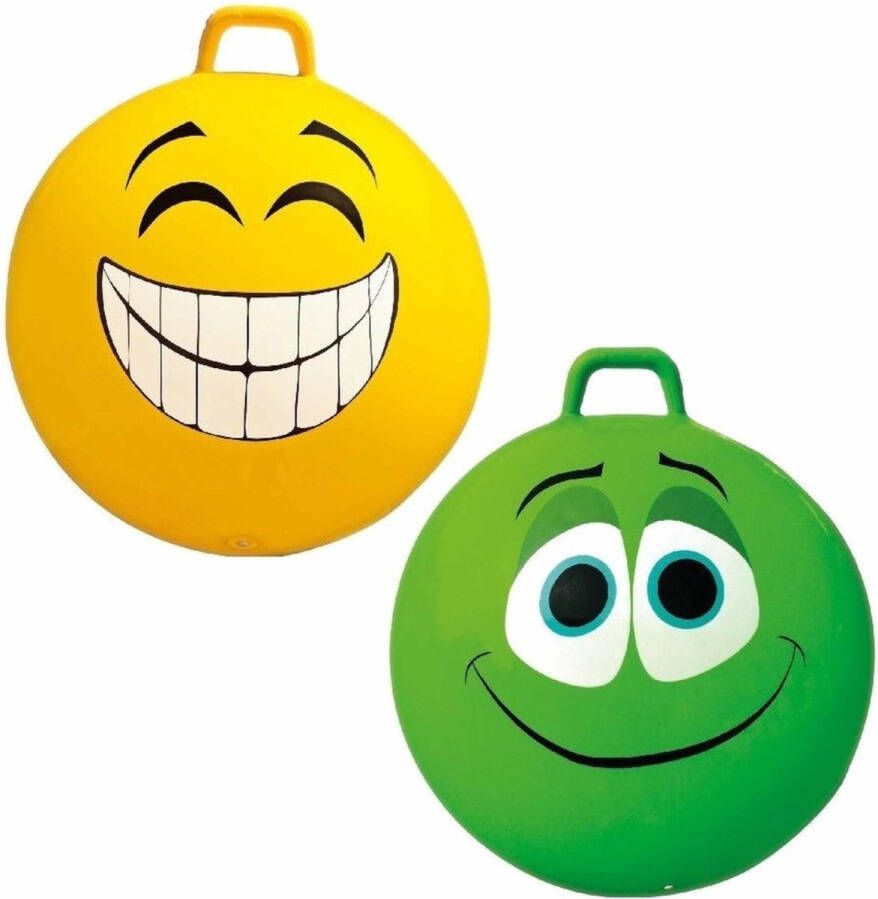 Summertime 2x stuks speelgoed Skippyballen met funny faces gezicht geel en groen 65 cm Buitenspeelgoed