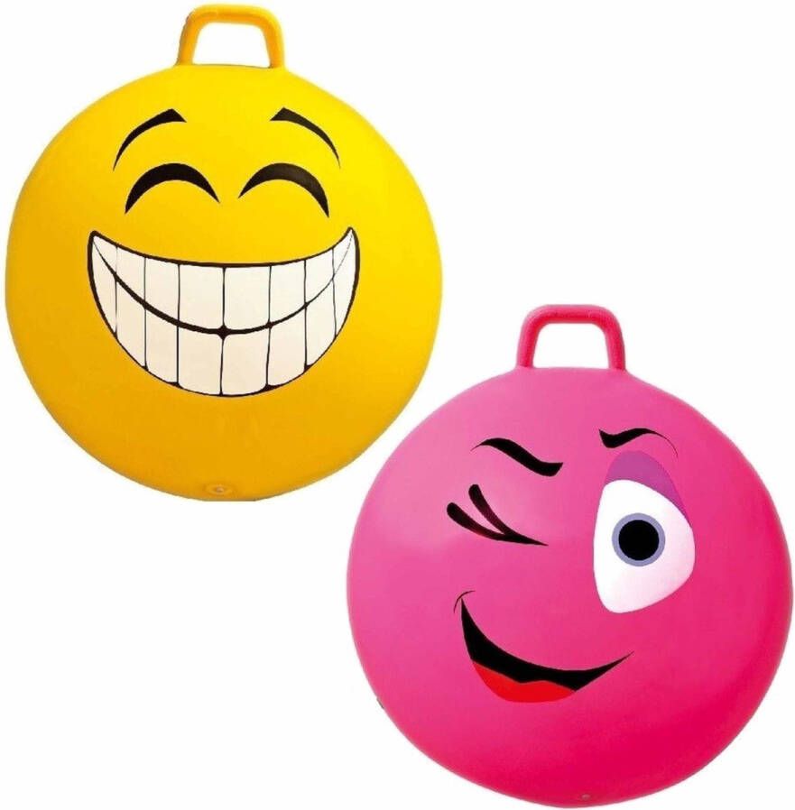 Summertime 2x stuks speelgoed Skippyballen met funny faces gezicht geel en roze 65 cm Buitenspeelgoed