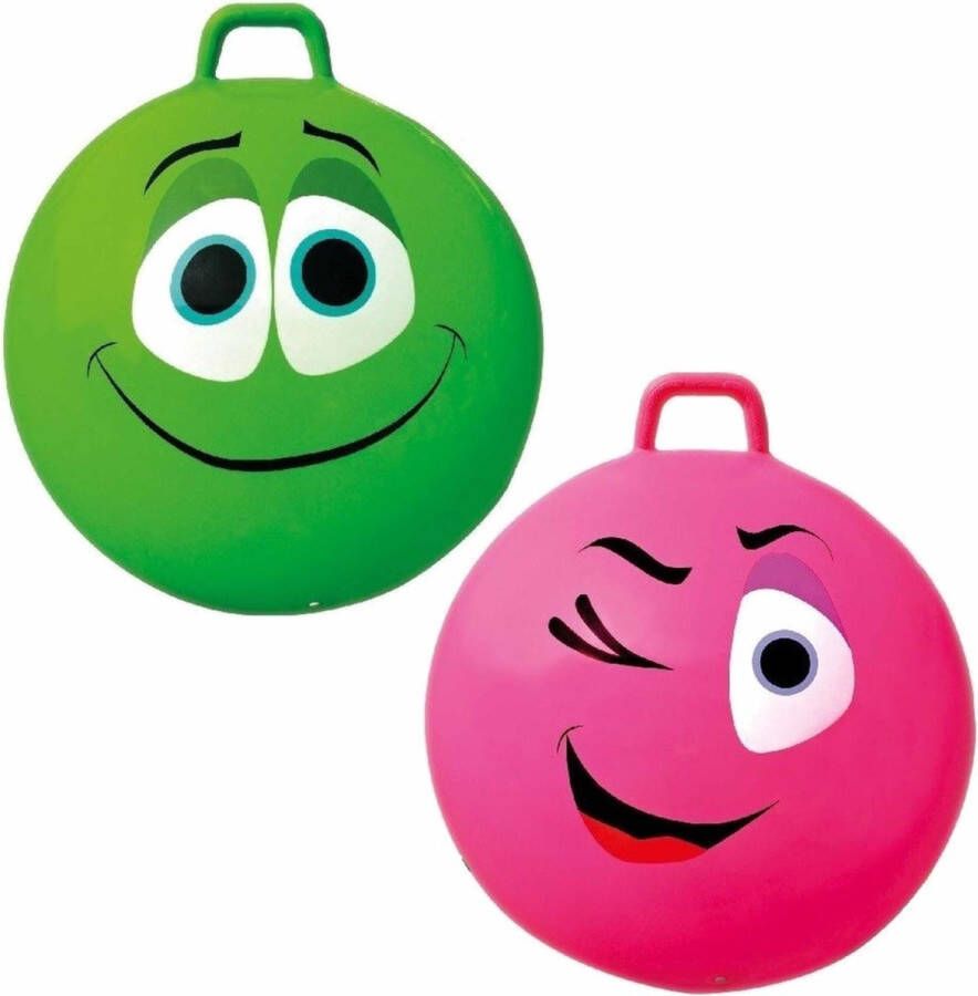 Summertime 2x stuks speelgoed Skippyballen met funny faces gezicht groen en roze 65 cm Buitenspeelgoed