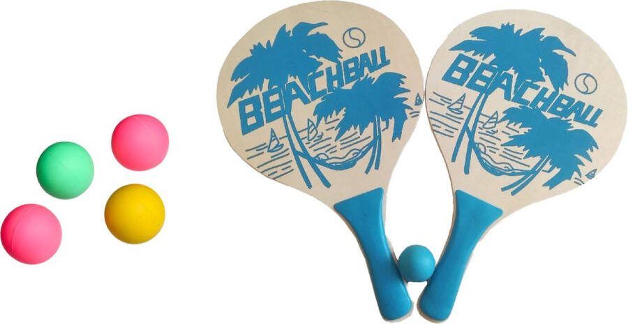 Summertime Beachball set hout blauw strand sport speelset met 5x balletjes