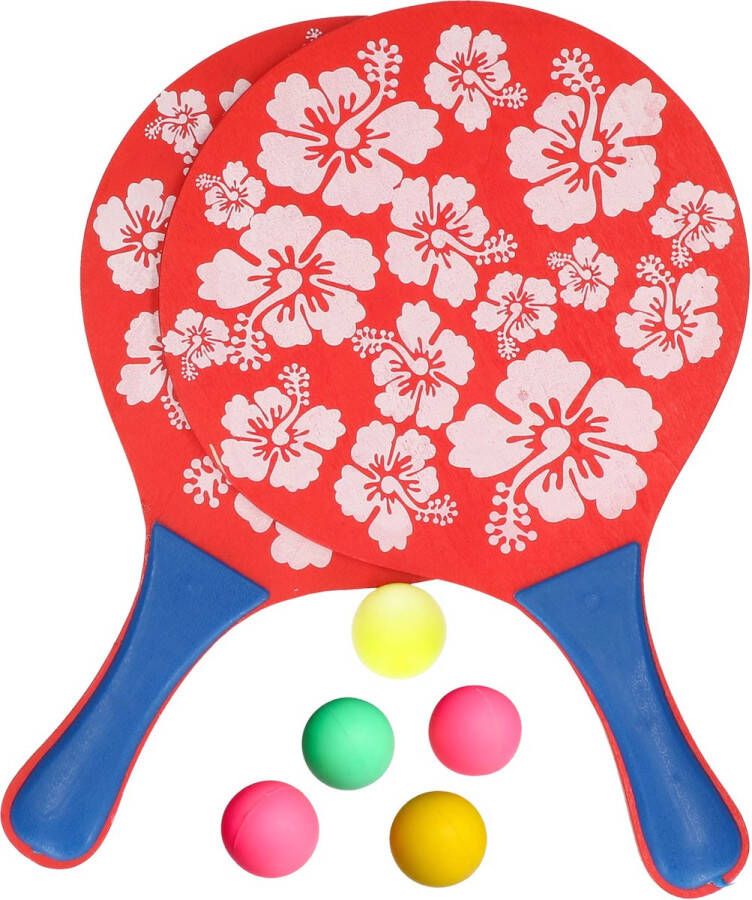 Summertime Beachball set hout rood strand sport speelset met 5x balletjes Beachballsets