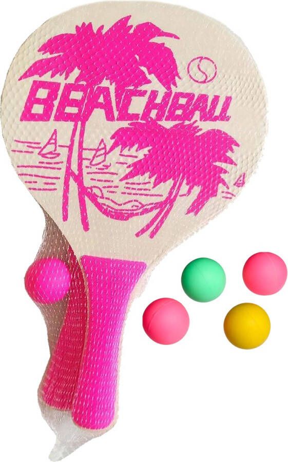 Summertime Beachball set hout roze strand sport speelset met 5x balletjes Beachballsets