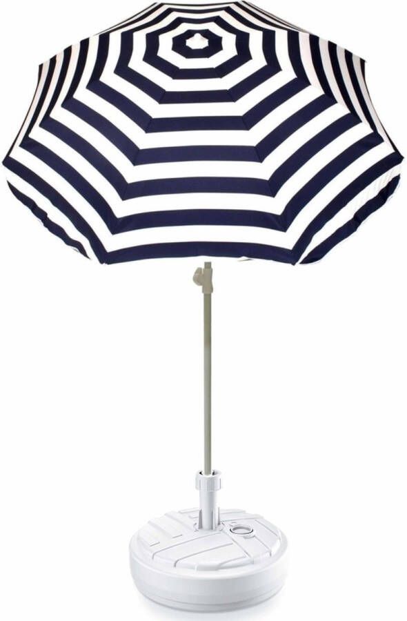 Summertime Blauw gestreepte lichtgewicht strand tuin basic parasol van nylon 180 cm + vulbare parasolvoet wit van plastic