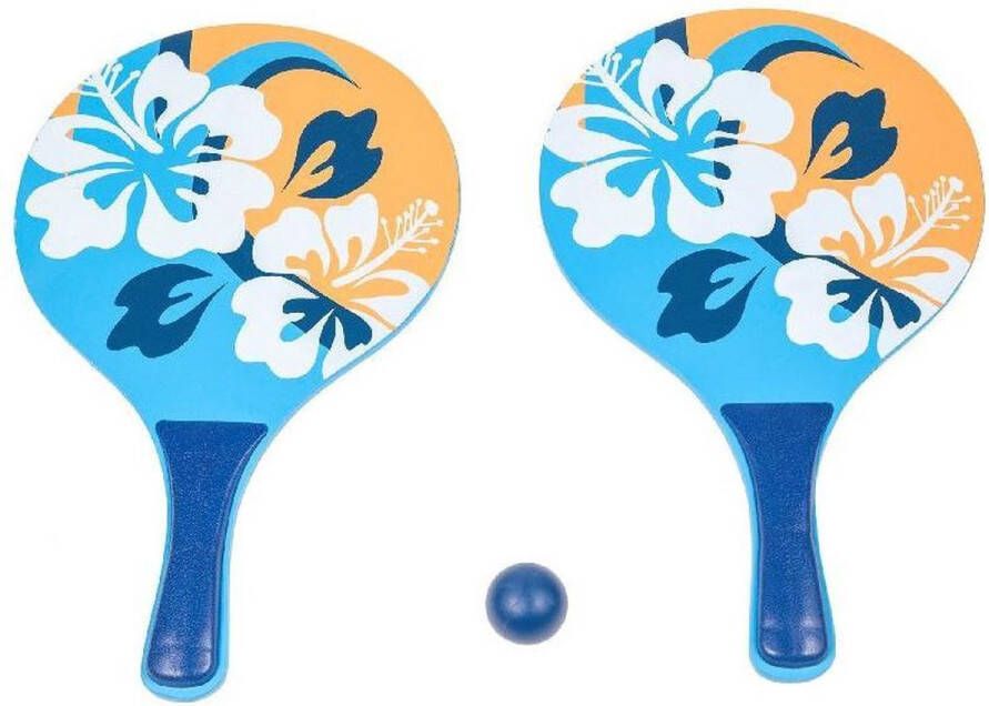 Summertime Houten beachball set blauw oranje met bloemen print- Strand balletjes Rackets batjes en bal Tennis ballenspel