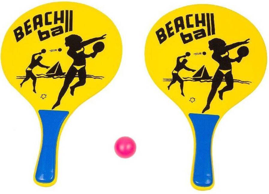 Summertime Houten beachball set geel met beachball print- Strand balletjes Rackets batjes en bal Tennis ballenspel