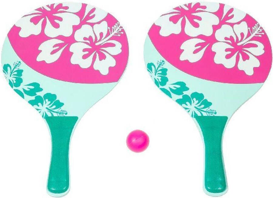 Summertime Houten beachball set groen roze met bloemen print- Strand balletjes Rackets batjes en bal Tennis ballenspel