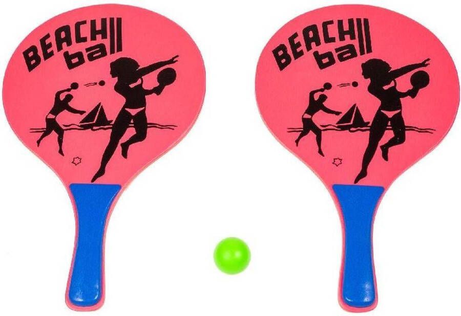 Summertime Houten beachball set roze met beachball print- Strand balletjes Rackets batjes en bal Tennis ballenspel