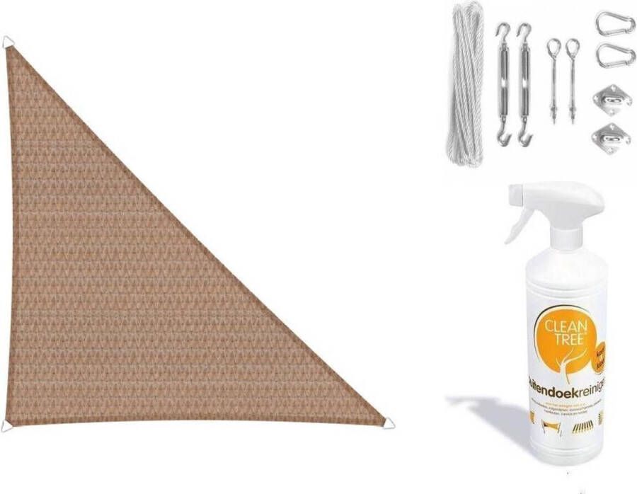 Brandplaza Compleet pakket: Sunfighters driehoek 3.5x4x4.5m Zand met RVS Bevestigingsset en buitendoekreiniger