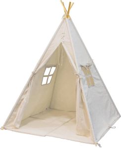 Sunny Alba Tipi Tent Crème Wit voor kinderen Wigwam Speeltent met ramen van katoen Tipi tent kinderen met Kussen kleed 120x120x160cm Stokken FSC hout