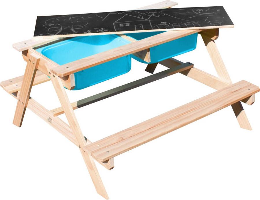 Sunny Dual Top 2.0 kinder- en waterpicknicktafel van FSC-hout waterspeeltafel en zandtafel met deksel en blauwe