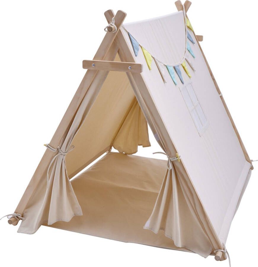 Sunny Sienna Speeltent met vlaggen en vloermat Crème – Wigwam Tipi Tent voor kinderen met Slinger & Opbergtas Stokken FSC hout 120x100x105cm