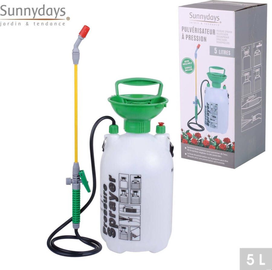 Sunnydays Plantenspuit met hoge druk sproeier en lange spuit kunststof 5 liter wit groen Plantenspuiten