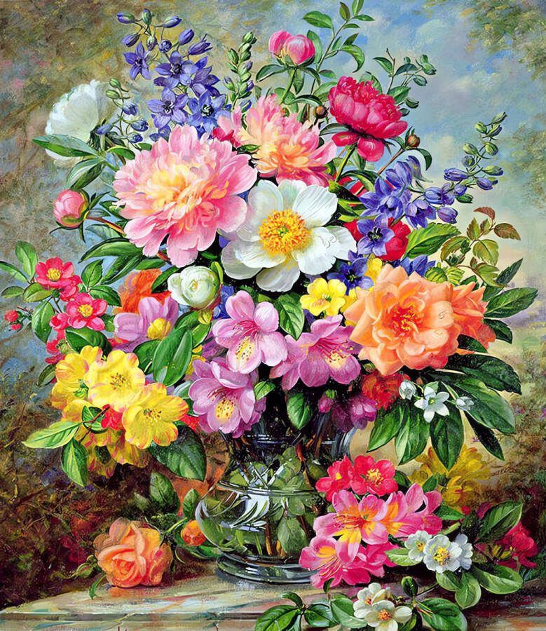 Sunnytoday 5D Diamond Painting Volwassenen June flowers in radiance Albert Williams Fotoformaat 50x70cm Volledige Set – Inclusief Pen Schudbakje Wax Opbergzakjes en Wit Stickers Ronde steentjes