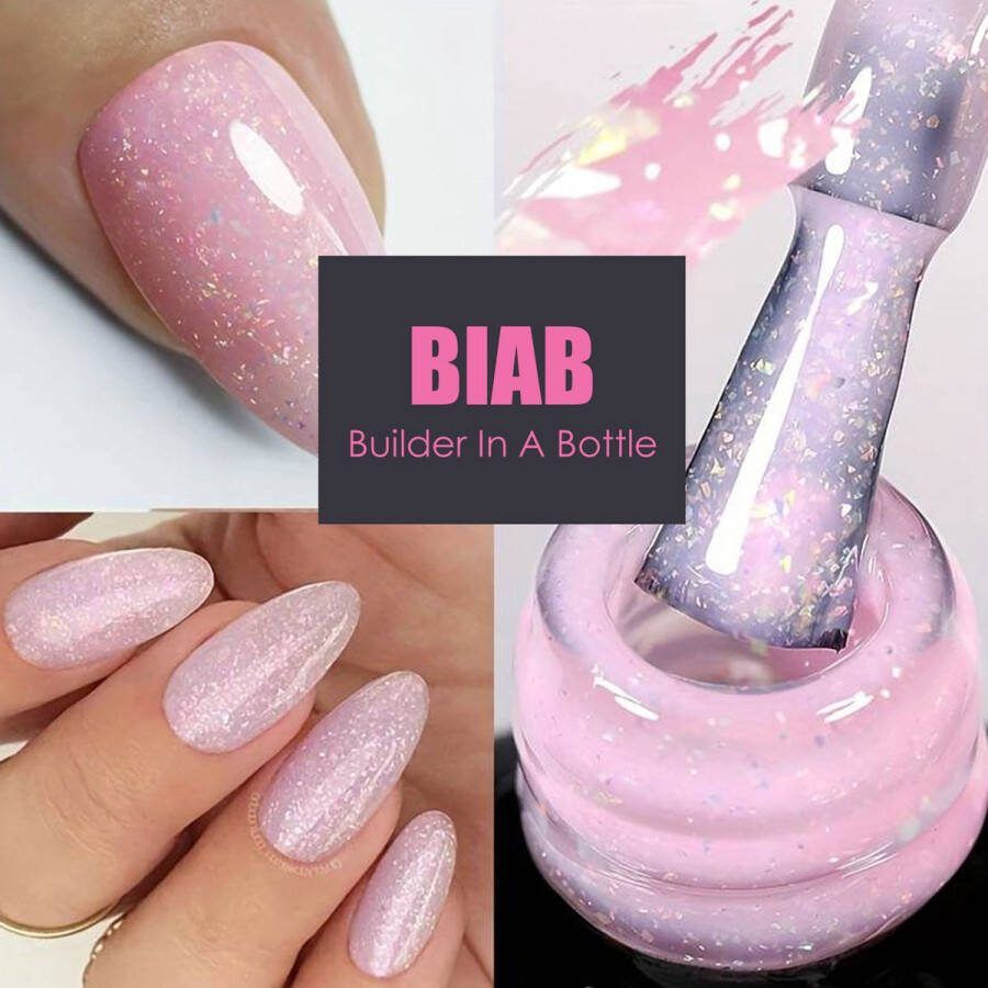 Sunshine Trading BIAB Builder Gel In A Bottle Gellak Soft Roze Glitter Builder Gel 10ml Builder Gel Nagellak Nagelverlenging Gel Nagels Builder Gel Roze Soft Pink Roze Glitter Kleur 79
