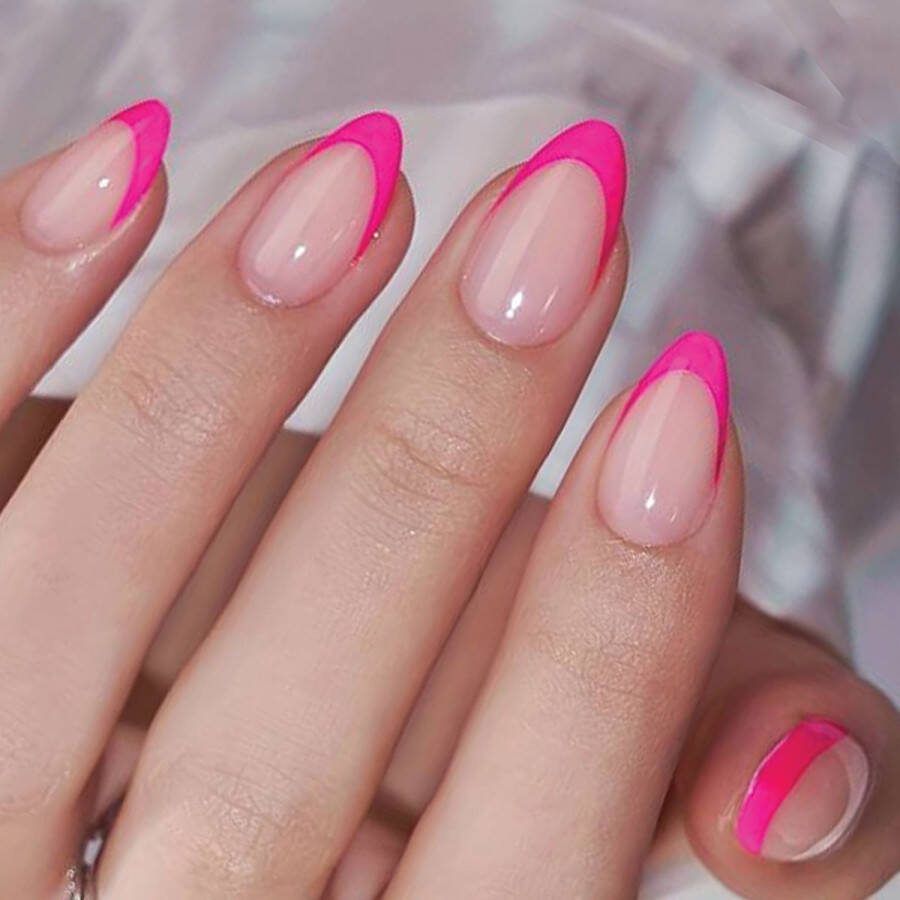 Sunshine Trading Nepnagels met Lijm French Manicure Hot Pink Plaknagels Roze Set 24 stuks French Tips Nepnagels kunstnagels Lang Almond Zelfklevend Press on Nails Nagellijm