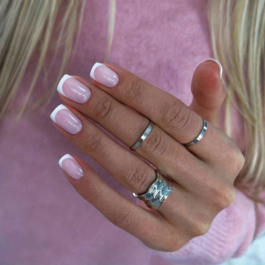 Sunshine Trading Nepnagels met Lijm French Manicure Kort Set 24 stuks Plaknagels French Tips kunstnagels Zelfklevend French Wit Roze Wit Randje Square Press on Nails Nagellijm Nepnagels